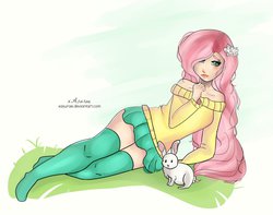 Size: 1280x1007 | Tagged: safe, artist:xasurae, angel bunny, fluttershy, human, g4, clothes, female, humanized, off shoulder, solo, sweater, sweatershy