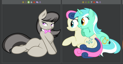 Size: 525x273 | Tagged: safe, artist:joey darkmeat, artist:matty4z, artist:tim015, bon bon, lyra heartstrings, octavia melody, sweetie drops, earth pony, pony, derpibooru, g4, bedroom eyes, bow, bowtie, cute, exploitable meme, female, implied lesbian, juxtaposition, juxtaposition win, lesbian, mare, meme, meta, simple background, sitting, sultry pose, vector