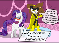 Size: 8268x6024 | Tagged: safe, artist:robthehoopedchipmunk, rarity, oc, oc:robthehoopedchipmunk, chipmunk, pony, unicorn, anthro, g4, absurd resolution, boots, cape, carousel boutique, clothes, crossover, dialogue, edna mode, eyes closed, eyeshadow, female, glasses, horn, makeup, male, mare, mask, no capes, raised hoof, rarity's glasses, reference, shoes, sonic the hedgehog (series), speech bubble, superhero costume, text, the incredibles