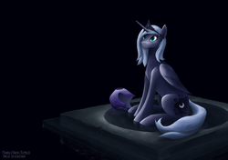 Size: 1719x1207 | Tagged: safe, artist:marbleyarns, princess luna, alicorn, pony, g4, dais, female, helmet, mare, modified accessory, s1 luna, sitting, solo