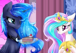 Size: 5700x4000 | Tagged: safe, artist:magnaluna, princess celestia, princess luna, alicorn, pony, absurd resolution, cake, cakelestia, envy, ethereal mane, female, glowing horn, horn, magic, mare, modified accessory, plate, sad, sisters, smiling, stained glass, starry mane, telekinesis, want
