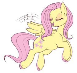 Size: 544x520 | Tagged: safe, artist:lulubell, fluttershy, g4, blushing, eyes closed, female, flying, music notes, simple background, singing, solo, transparent background, unshorn fetlocks