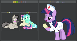 Size: 517x276 | Tagged: safe, artist:drgamer7065, artist:joey darkmeat, artist:matty4z, artist:tim015, bon bon, lyra heartstrings, octavia melody, sweetie drops, twilight sparkle, earth pony, pony, unicorn, derpibooru, g4, bedroom eyes, bow, bowtie, clothes, coat, cute, exploitable meme, female, hoof glove, implied lesbian, juxtaposition, juxtaposition win, lesbian, magic, mare, meme, meta, nurse, rubber gloves, show accurate, simple background, sitting, sultry pose, telekinesis, vector