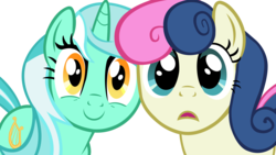 Size: 3842x2162 | Tagged: safe, artist:scotch208, bon bon, lyra heartstrings, sweetie drops, earth pony, pony, unicorn, g4, .psd available, adorabon, bon bon is not amused, curiosity, curious, cute, duo, fourth wall, fourth wall ponies, happy, high res, looking at you, lyrabetes, open mouth, simple background, smiling, transparent background, vector, wide eyes