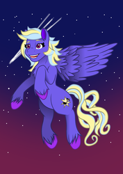 Size: 827x1169 | Tagged: safe, artist:sketchy brush, oc, oc only, oc:evening song, pegasus, pony, comet, multicolored hair, music notes, red eyes, stars, vector