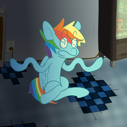 Size: 1920x1920 | Tagged: safe, artist:varmintfarm, rainbow dash, g4, cord, doritos, electrical outlet, mountain dew, tile, ungrounded socket, vending machine, water fountain, wavy arms