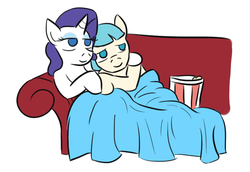 Size: 760x522 | Tagged: safe, artist:jargon scott, coco pommel, rarity, earth pony, pony, unicorn, g4, blanket, cocoa cantle, couch, female, half r63 shipping, male, movie, popcorn, rule 63, ship:cocoarity, ship:marshmallow coco, shipping, straight