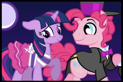 Size: 1280x856 | Tagged: safe, artist:dilemmas4u, pinkie pie, twilight sparkle, pony, unicorn, g4, bubble berry, clothes, dress, equestria girls outfit, female, half r63 shipping, hat, male, moon, rule 63, ship:sparkleberry, shipping, show accurate, straight, top hat, tuxedo, unicorn twilight