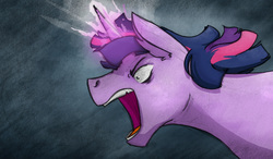 Size: 1900x1106 | Tagged: safe, artist:crowneprince, twilight sparkle, pony, unicorn, g4, angry, dusk shine, glowing horn, horn, male, rule 63, solo, yelling