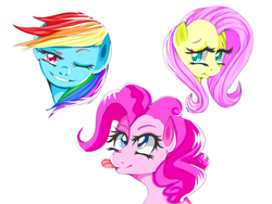 Size: 1024x768 | Tagged: safe, artist:eateroflife, fluttershy, pinkie pie, rainbow dash, g4, smiling, tongue out, wink