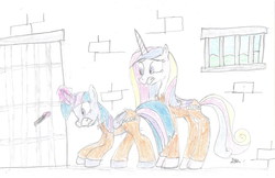 Size: 1643x1067 | Tagged: safe, artist:brogararts, princess cadance, twilight sparkle, alicorn, pony, g4, aura, clothes, colored pencil drawing, duo, female, file, glowing horn, horn, jumpsuit, magic, mare, prison, prison outfit, prisoner ts, sisters-in-law, traditional art, twilight sparkle (alicorn)