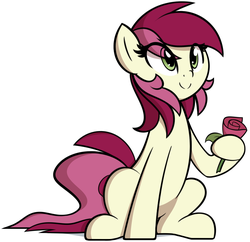 Size: 1252x1213 | Tagged: dead source, safe, artist:furrgroup, roseluck, earth pony, pony, g4, cute, eye clipping through hair, female, flower, hoof hold, mare, rosabetes, rose, simple background, sitting, smiling, solo, white background