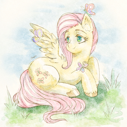 Size: 1600x1600 | Tagged: safe, artist:gojou404, fluttershy, butterfly, pegasus, pony, g4, female, solo