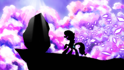 Size: 4800x2700 | Tagged: safe, artist:flamevulture17, rarity, pony, unicorn, g4, cloud, cloudy, crepuscular rays, female, mare, raised hoof, rock, silhouette, solo