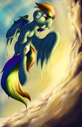 Size: 1650x2550 | Tagged: safe, artist:grennadder, rainbow dash, pegasus, pony, g4, cloud, dutch angle, female, flying, grin, long tail, partially open wings, solo, spread wings, tail, wings