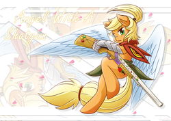 Size: 2000x1412 | Tagged: safe, artist:vavacung, oc, oc only, oc:little aj, comic:crazy future, action pose, clothes, gun, looking at you, offspring, parent:applejack, parent:unnamed oc, parents:canon x oc, ponytail, rifle, scarf, solo, weapon, wings