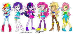 Size: 5715x2716 | Tagged: safe, artist:zakurarain, applejack, fluttershy, pinkie pie, rainbow dash, rarity, twilight sparkle, fairy, equestria girls, g4, alternate hairstyle, bare shoulders, belly button, charmix, clothes, colored wings, crossover, dress, fairies, fairies are magic, fairy wings, fairyized, gradient wings, humane five, humane six, magic winx, midriff, skirt, sparkly wings, strapless, twilight sparkle (alicorn), wings, winx club, winxified