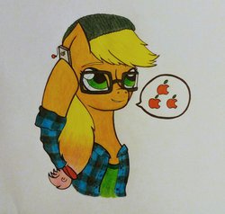 Size: 1024x974 | Tagged: safe, artist:melodymiiau, applejack, earth pony, pony, g4, beanie, female, glasses, hat, hipster, ipod, mare, solo, speech bubble, traditional art