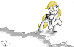 Size: 1000x640 | Tagged: safe, artist:jamescorck, derpy hooves, pegasus, pony, g4, black and white, female, fourth wall, grayscale, mare, monochrome, partial color, simple background, solo, transparent background