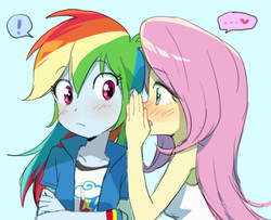 Size: 499x405 | Tagged: dead source, safe, artist:baekgup, fluttershy, rainbow dash, equestria girls, g4, blushing, clothes, confession, exclamation point, female, heart, lesbian, ship:flutterdash, shipping, sleeveless, surprised, tank top, whispering, wide eyes