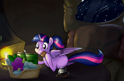 Size: 3063x2012 | Tagged: safe, artist:alskylark, spike, twilight sparkle, alicorn, pony, g4, back twist, cookie, female, flexible, high res, mare, reading, twilight sparkle (alicorn)