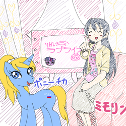 Size: 800x800 | Tagged: safe, pinkie pie, twilight sparkle, human, pony, unicorn, g4, eli ayase, japanese, kira buckland, little pony tv, love live!, love live! school idol project, russia, suzuko mimori, umi sonoda, voice actor joke