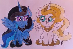 Size: 1024x685 | Tagged: safe, artist:dawn-designs-art, princess celestia, princess luna, g4, recolor, white and gold or black and blue dress meme