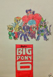 Size: 1410x2045 | Tagged: safe, artist:twilanes, applejack, fluttershy, pinkie pie, rainbow dash, rarity, twilight sparkle, alicorn, pony, g4, baymax, big hero 6, clothes, cosplay, costume, female, frederick flamarion frederickson, gogo tomago, hiro hamada, honey lemon (big hero 6), mane six, mare, photo, traditional art, twilight sparkle (alicorn), wasabi (big hero 6)