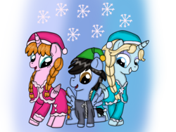 Size: 1600x1200 | Tagged: safe, artist:dulcechica19, alicorn, pegasus, pony, anna, big hero 6, christmas, elsa, frozen (movie), hiro hamada, partially transparent background, ponified, trio