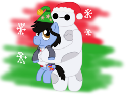 Size: 1600x1200 | Tagged: safe, artist:dulcechica19, pegasus, pony, robot, baymax, big hero 6, christmas, crossover, duo, hat, hiro hamada, holding a pony, holiday, partially transparent background, ponified, santa hat