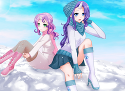 Size: 3200x2333 | Tagged: safe, artist:srtagiuu, rarity, sweetie belle, human, g4, boots, clothes, duo, female, high res, horn, horned humanization, humanized, scarf, skirt