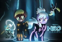 Size: 1024x685 | Tagged: safe, artist:drawponies, cloudchaser, derpy hooves, lyra heartstrings, oc, oc:neostrike, pegasus, pony, g4, crossover, female, mare, neochaser, tron, tron legacy