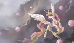 Size: 3910x2300 | Tagged: safe, artist:ajvl, princess celestia, alicorn, pony, g4, cloud, cloudy, crown, element of generosity, element of honesty, element of kindness, element of laughter, element of loyalty, element of magic, elements of harmony, female, flying, high res, hoof shoes, jewelry, long mane, long tail, peytral, princess shoes, regalia, slender, solo, sphere, tail, thin