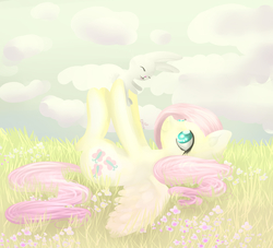 Size: 2200x2000 | Tagged: safe, artist:sophieeboom, angel bunny, fluttershy, g4, bright, female, grass, high res, holding, hoof hold, on back, solo, spread wings, wings