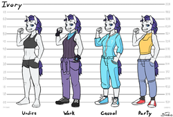 Size: 1100x742 | Tagged: safe, artist:siden, rarity, oc, oc:ivory, anthro, ultimare universe, g4, alternate universe, belly button, black underwear, boyshorts, bra, clothes, crop top bra, midriff, overalls, panties, size chart, underwear