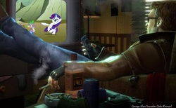 Size: 1136x702 | Tagged: safe, edit, edited screencap, screencap, rarity, spike, human, g4, ashtray, cigarette, crossover, postal, postal dude, remote, smoking, television, time for ponies