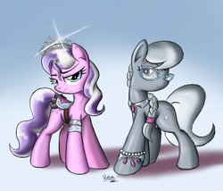 Size: 2007x1717 | Tagged: safe, artist:ruhisu, diamond tiara, silver spoon, earth pony, pony, g4, adult, classy, fancy, female, glasses, jewelry, jewels, looking at you, mare, necklace, older, older diamond tiara, older silver spoon, pose, saddle, smiling, standing