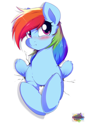 Size: 1024x1483 | Tagged: dead source, safe, artist:rainbowscreen, rainbow dash, pegasus, pony, g4, :t, blushing, cute, dashabetes, female, folded wings, fourth wall, mare, nose wrinkle, solo, stuck