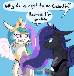 Size: 500x514 | Tagged: artist needed, safe, princess celestia, princess luna, oc, g4, :o, betelgeusian, crossover, grin, meow, smirk, space dandy, species swap, speech bubble