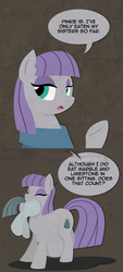 Size: 744x1644 | Tagged: dead source, safe, artist:vorishmaudpie, limestone pie, marble pie, maud pie, earth pony, pony, g4, 2 panel comic, belly, butt, comic, female, fetish, mare, maud pred, plot, swallowing, throat bulge, vore