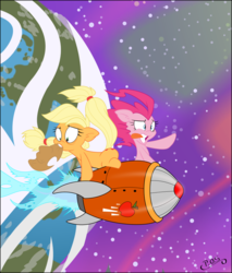 Size: 1024x1204 | Tagged: safe, artist:dfectivedvice, artist:midnightblitzz, applejack, pinkie pie, g4, :p, cute, funny, mouth hold, rocket, space, vector