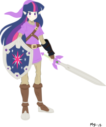 Size: 3000x3609 | Tagged: safe, artist:megasweet, artist:silveralchemistpony, twilight sparkle, human, g4, cosplay, elf ears, female, humanized, link, nintendo, shield, simple background, solo, sword, the legend of zelda, transparent background, vector