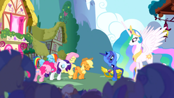 Size: 1366x768 | Tagged: safe, screencap, applejack, flounder (g4), fluttershy, pinkie pie, princess celestia, princess luna, rainbow dash, rarity, silver spanner, twilight sparkle, alicorn, earth pony, pegasus, pony, unicorn, friendship is magic, g4, female, mane six, s1 luna, spread wings, unicorn twilight