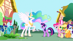 Size: 1366x768 | Tagged: safe, screencap, applejack, blue october, blueberry muffin, bon bon, doctor whooves, fluttershy, night shade, pinkie pie, princess celestia, rainbow dash, rarity, spike, spring melody, sprinkle medley, sweetie drops, time turner, twilight sparkle, friendship is magic, g4