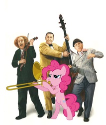 Size: 972x1143 | Tagged: safe, artist:kuren247, artist:spaceponies, pinkie pie, g4, bipedal, clothes, curly howard, double bass, fiddle, larry fine, moe howard, musical instrument, simple background, the three stooges, trombone, vector, white background