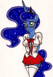 Size: 835x1213 | Tagged: safe, artist:newyorkx3, princess luna, alicorn, anthro, g4, breasts, clothes, female, school uniform, schoolgirl, solo, traditional art