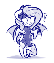 Size: 993x1153 | Tagged: safe, artist:krucification, fluttershy, bat pony, pony, semi-anthro, g4, blushing, clothes, dress, exclamation point, flower, flower in hair, flutterbat, looking down, monochrome, solo