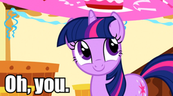 Size: 525x295 | Tagged: safe, edit, edited screencap, screencap, twilight sparkle, pony, unicorn, g4, female, image macro, meme, oh you, smiling, solo