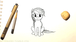 Size: 500x278 | Tagged: safe, artist:el-yeguero, rainbow dash, pegasus, pony, g4, animated, blinking, boop, boop denied, denied, dodge, female, floppy ears, fourth wall, frown, hand, irl, looking at you, pencil, photo, poking, rejected, sitting