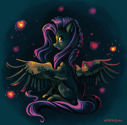 Size: 1164x1151 | Tagged: dead source, safe, artist:matrosha123, fluttershy, firefly (insect), g4, female, looking back, sitting, solo, spread wings